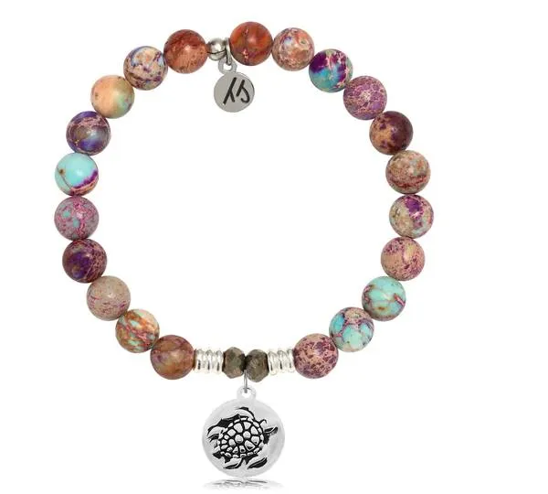Purple Jasper Stone Bracelet with Turtle Sterling Silver Charm