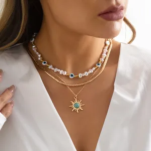 Sisslia Multi-layer Evil-eye Necklace Gold Plated Alloy Pearl Necklace Personality Bohemian Fine Jewelry Necklaces