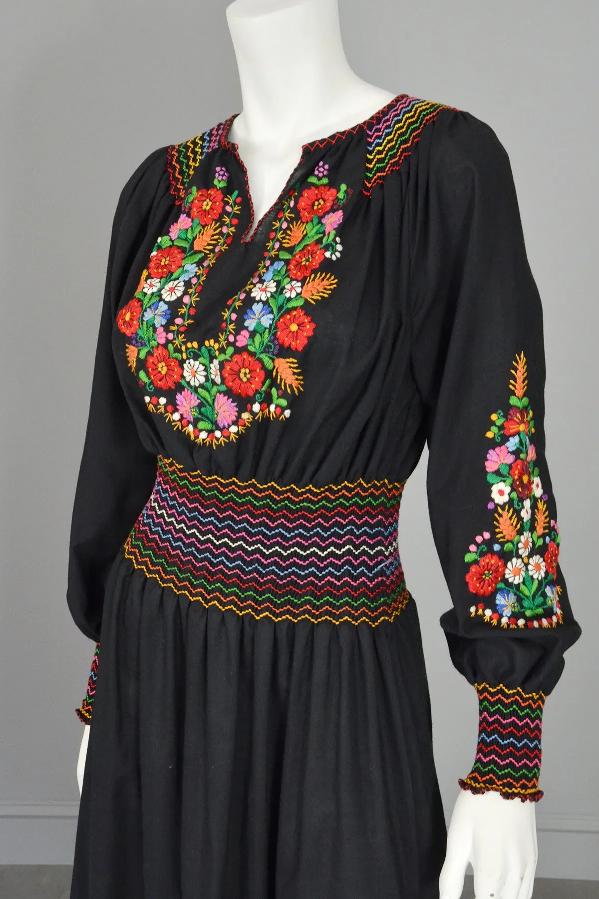 Vtg Embroidered Flowers on Black Hungarian style Peasant Dress